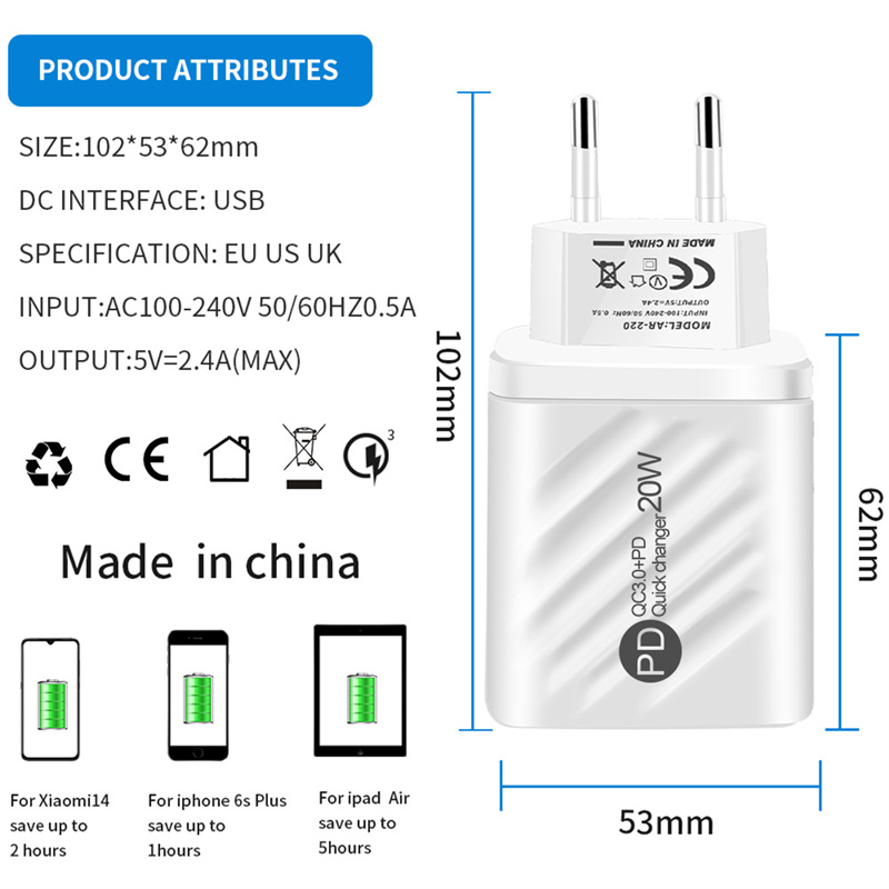 20W2-PortUSBPDChargerUSB-AType-CPDQC3020AFCFCPApple24AFastChargingWallChargerAdapterEUPlugforiPhone1-2003465-7