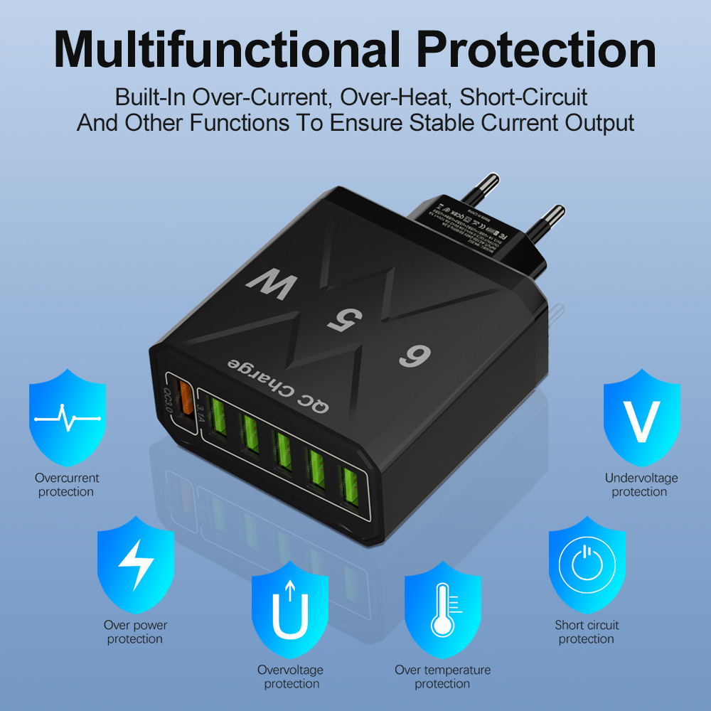 65W6-PortUSBCharger31AUSB-A5QC30FastChargingWallChargerAdapterEUPlugUSPlugforiPhone12131414ProforHua-1993322-4