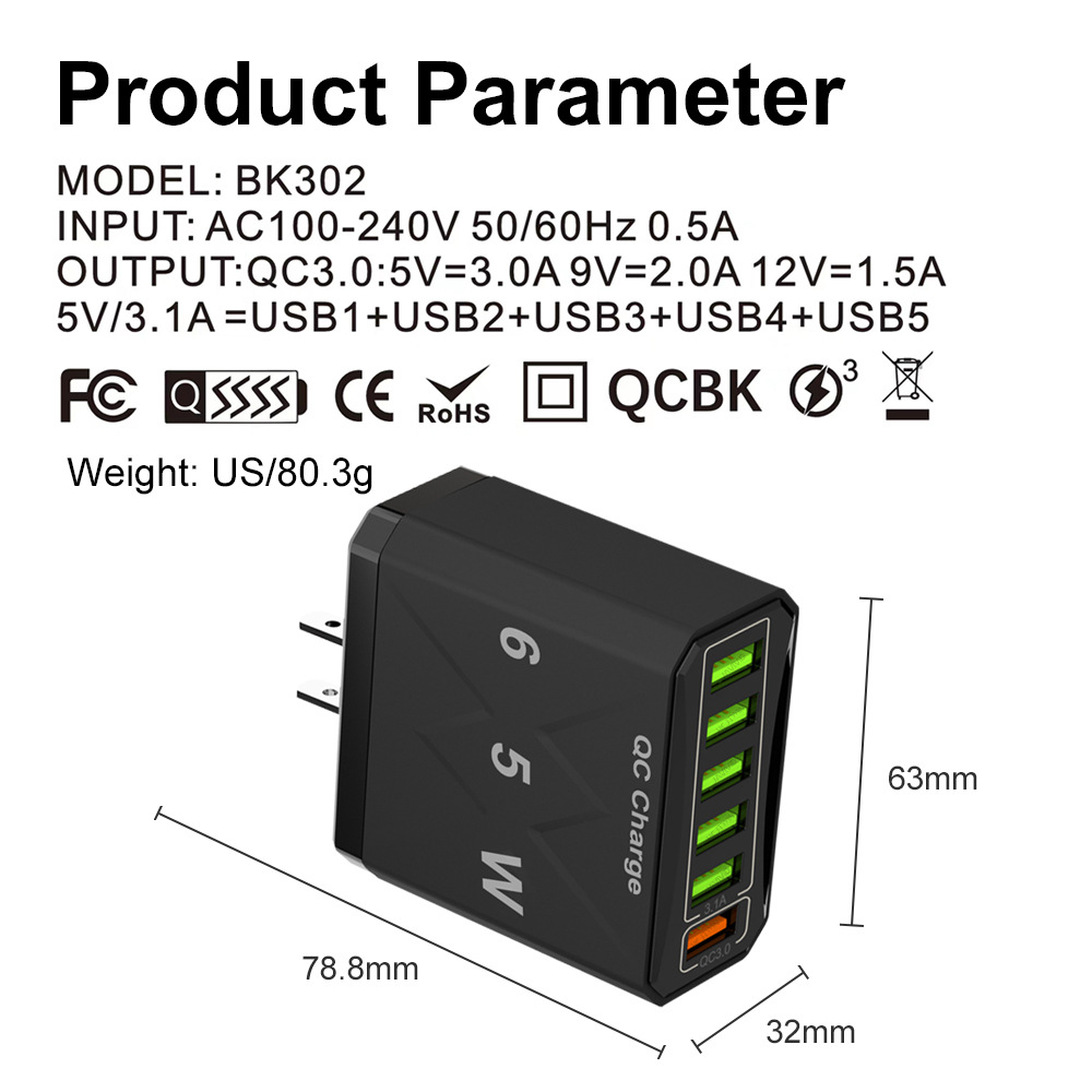 65W6-PortUSBCharger31AUSB-A5QC30FastChargingWallChargerAdapterEUPlugUSPlugforiPhone12131414ProforHua-1993322-10