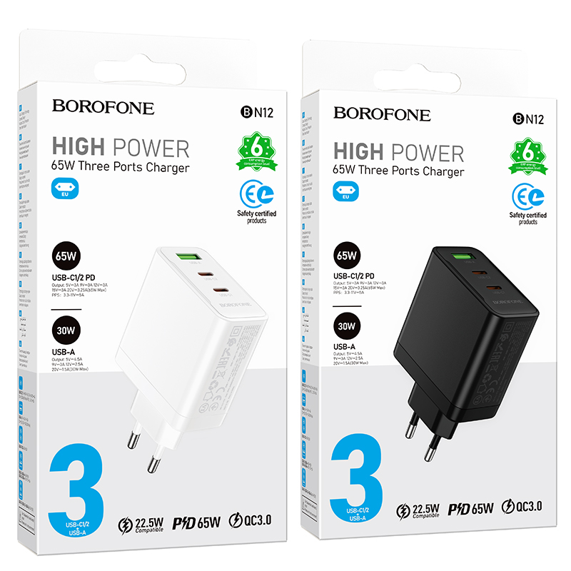 BOROFONEBN12PD65W3-PortUSBPDChargerUSB-A2USB-CPDQC30FastChargingWallChargerAdapterEUPlugforiPhone151-2003985-9