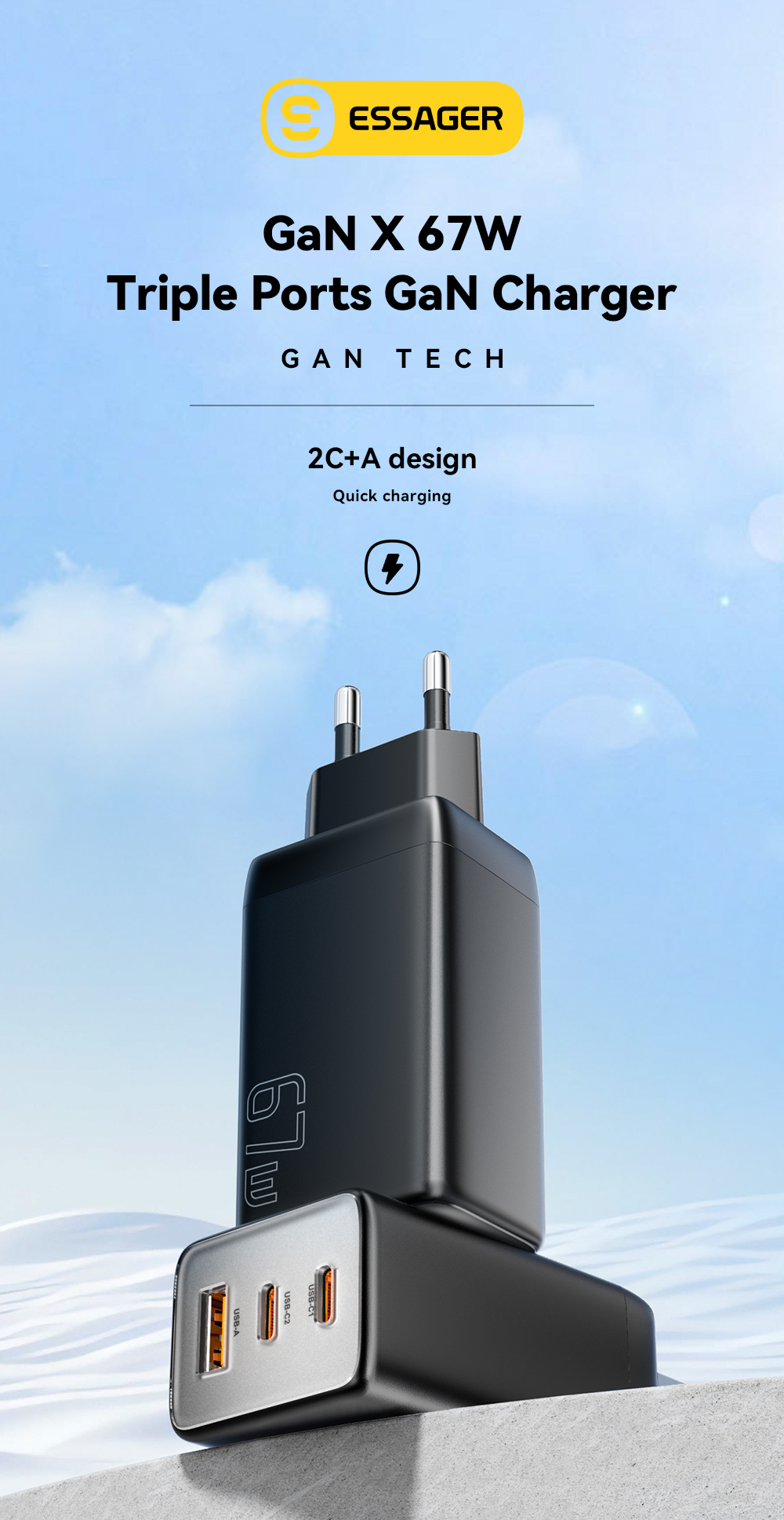 GaNTechESSAGER67W3-PortUSBPDCharger2USB-CUSB-AQC3020PDAFCFCPSCPBC12DCPApple24AFastChargingWallCharge-2013515-1