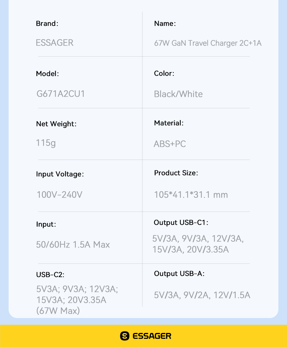 GaNTechESSAGER67W3-PortUSBPDCharger2USB-CUSB-AQC3020PDAFCFCPSCPBC12DCPApple24AFastChargingWallCharge-2013515-12