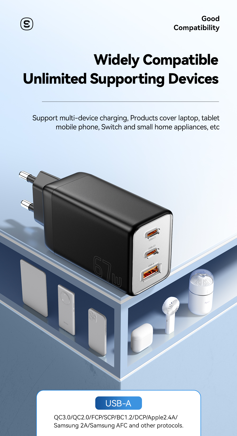 GaNTechESSAGER67W3-PortUSBPDCharger2USB-CUSB-AQC3020PDAFCFCPSCPBC12DCPApple24AFastChargingWallCharge-2013515-6