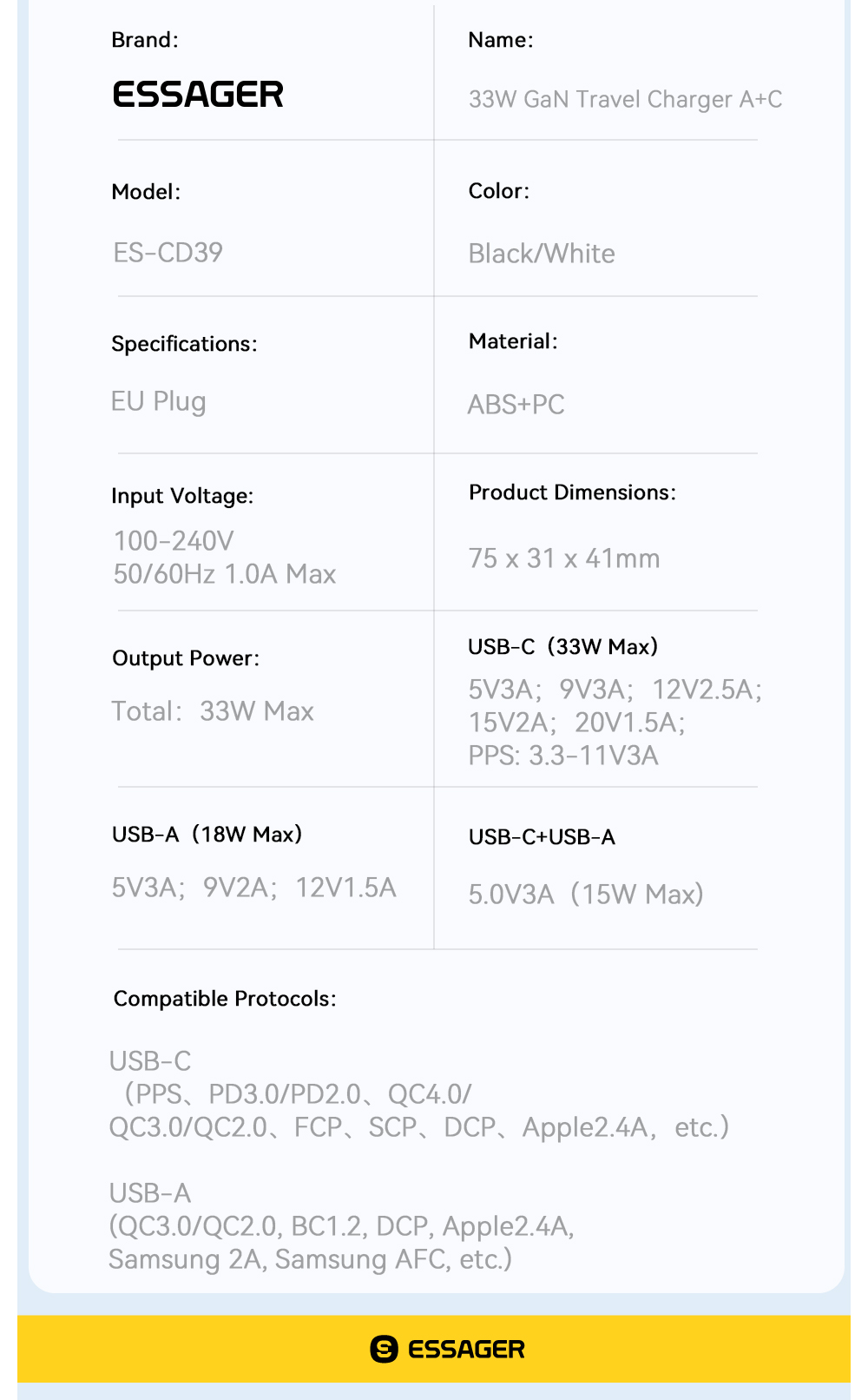 GaNTechESSAGERES-CD3933W2-PortUSBPDChargerUSB-AUSB-CQC40PD30PPSFCPAFCiP24AFastChargingWallChargerAda-2008501-13