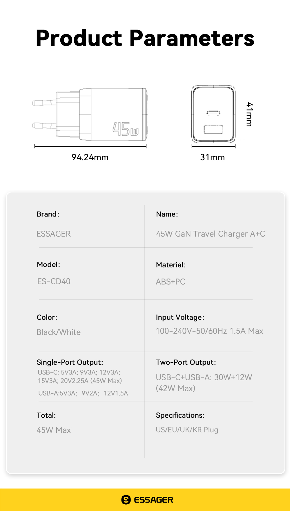 GaNTechESSAGERES-CD4045W2-PortUSBPDChargerUSB-AUSB-CPD30QC40PPSFCPAFCApple24AFastChargingWallCharger-2013516-12