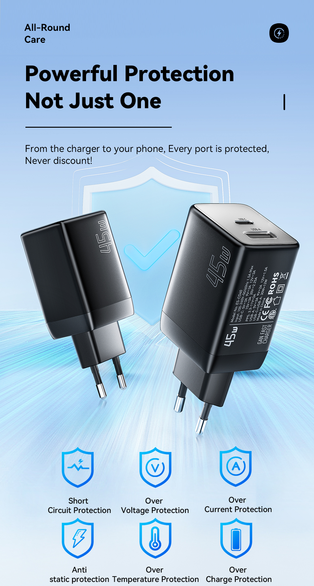 GaNTechESSAGERES-CD4045W2-PortUSBPDChargerUSB-AUSB-CPD30QC40PPSFCPAFCApple24AFastChargingWallCharger-2013516-9