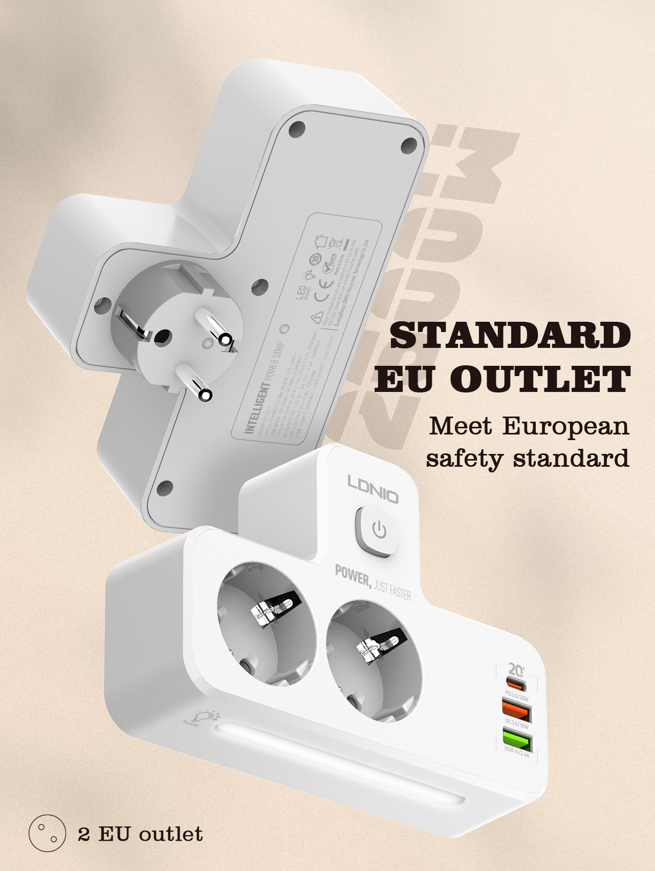 LDNIOSE233720W5-PortUSBPDChargerwith2EUOutputs2USB-AUSB-CPDQC30FastChargingWallChargerAdapterEUPlugf-2006862-5