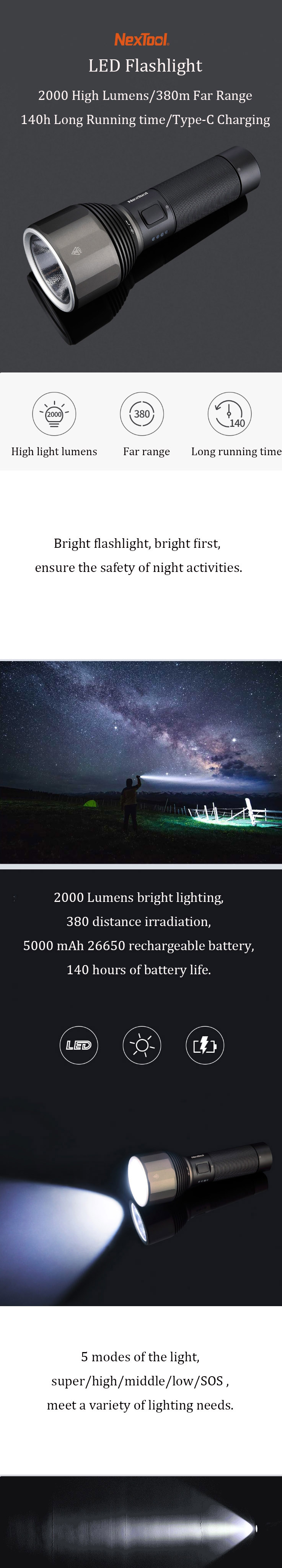 NexToolXPH5022000lm6500K380mUSB-CRechargeableFlashlightSetWithPowerful26650Li-ionBattery-1545689-1