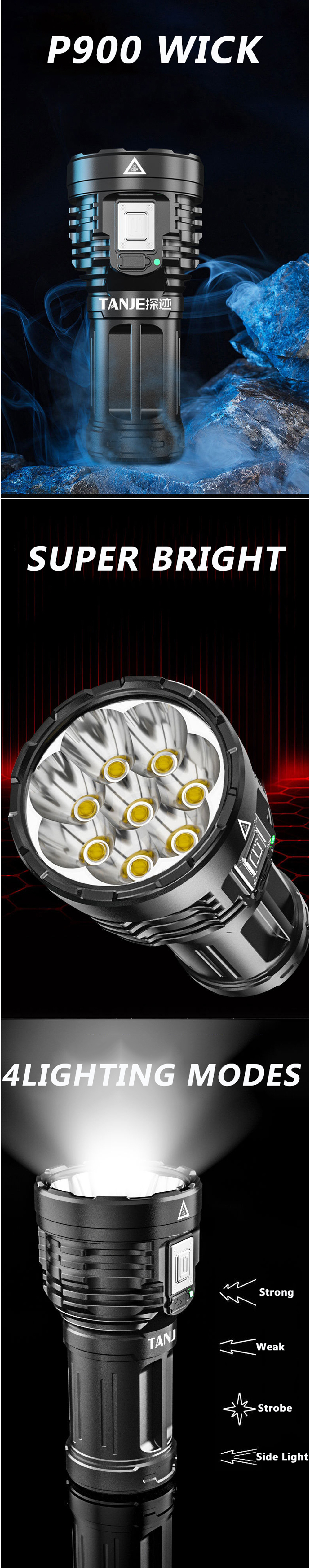 TANJE8P900COBSuperBrightType-CRechargeableABSHousingFlashlightwith18650BatteryCOBSideLight500mLongRa-1914007-1