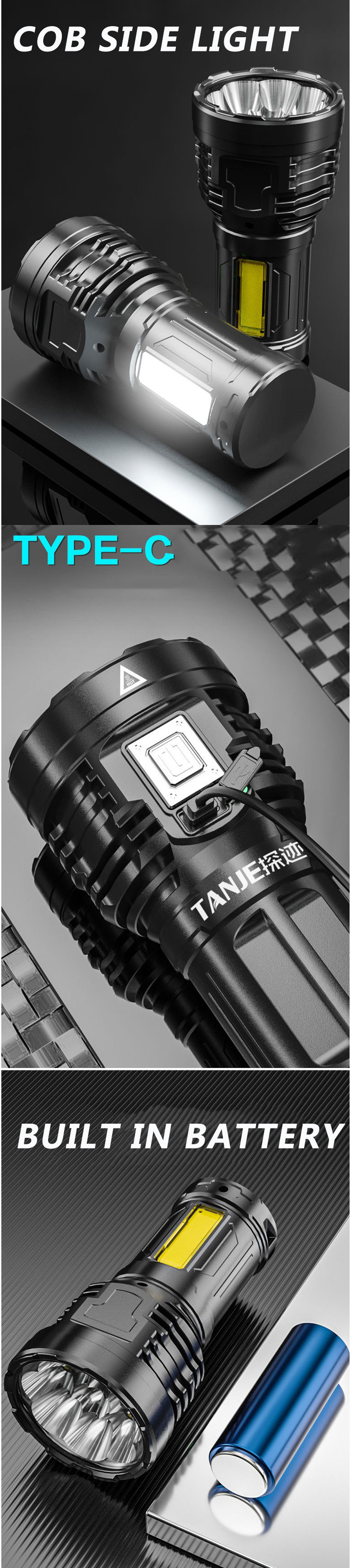 TANJE8P900COBSuperBrightType-CRechargeableABSHousingFlashlightwith18650BatteryCOBSideLight500mLongRa-1914007-2