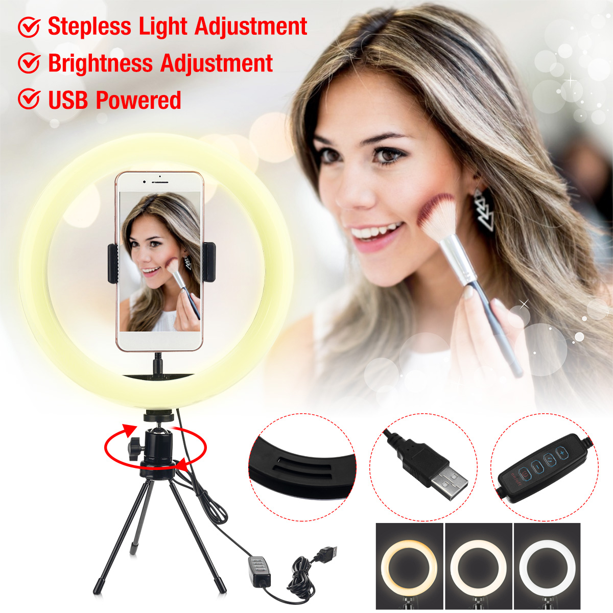 DimmableLEDRingLightLamp18CM26CMFillLightforMakeupLiveStreamSelfiePhotographyVideoRecordOnlineTeachi-1680025-1